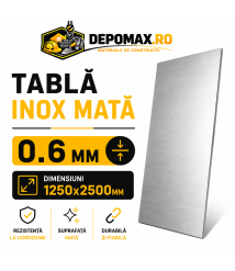 Tabla inox mata AISI 304 2B, 0.6 x 1250 x 2500 mm, 3.125 mp Tabla inox mata AISI 304 2B, 0.6 x 1250 x 2500 mm, 3.125 mp